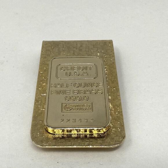 Vintage Swank Gold Tone Money Clip - Credit USA Half Ounce Fine Brass 999.9 - Picture 1 of 7